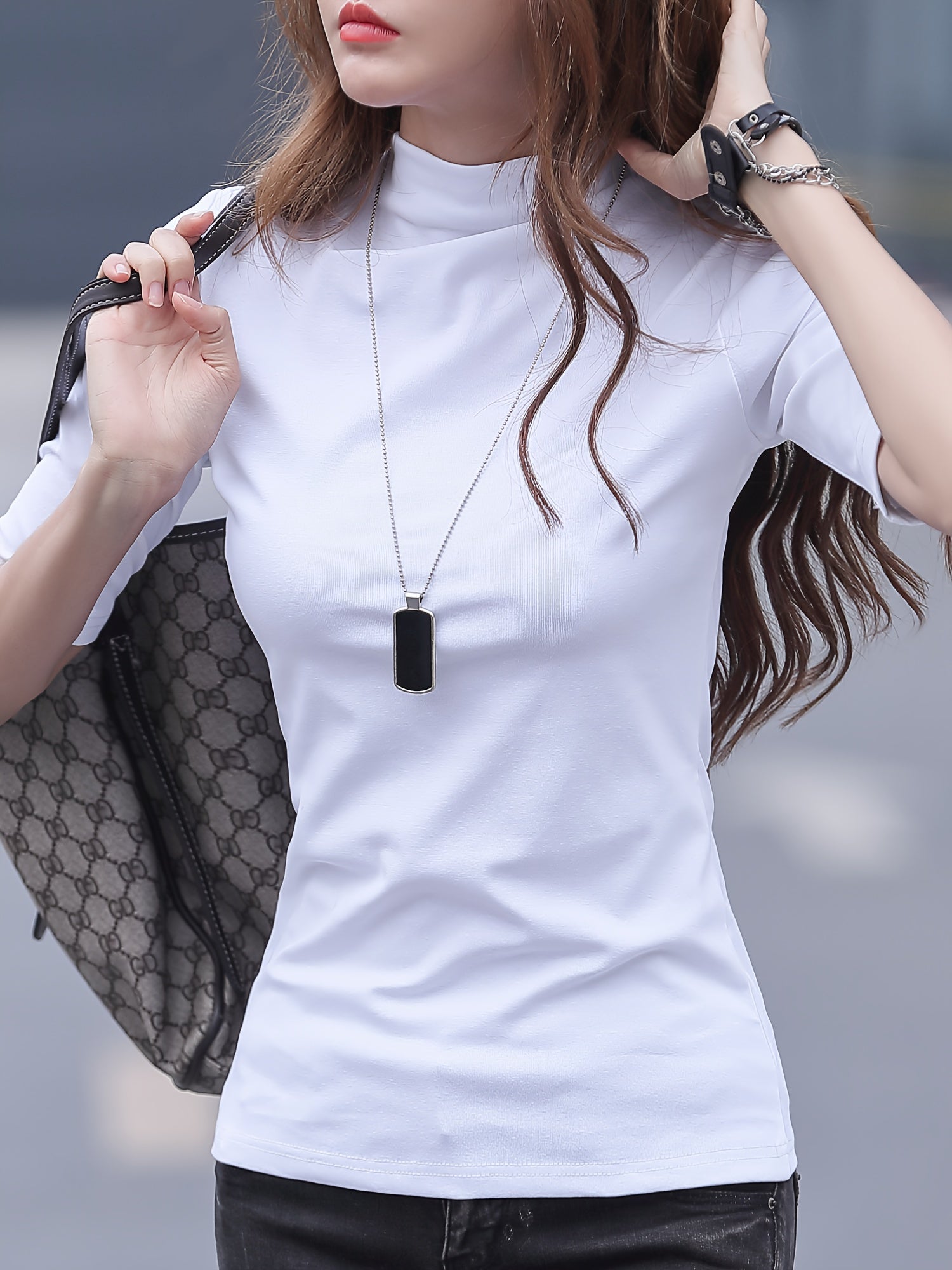 Women's High Neck Polyester T-Shirt Solid Color Casual Spring Fall