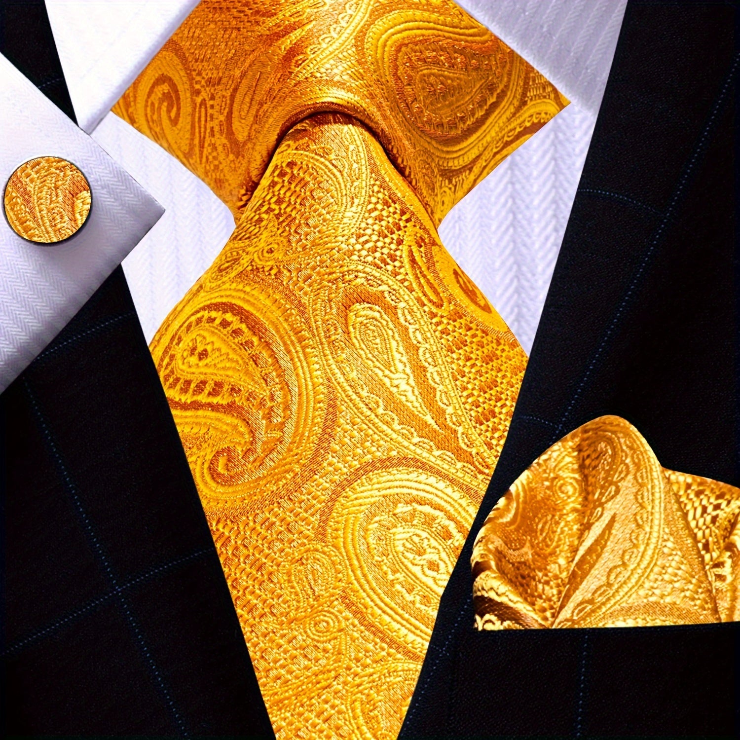 Men's Gold Accessories Set Tie Pocket Square Cufflinks for Weddings Business