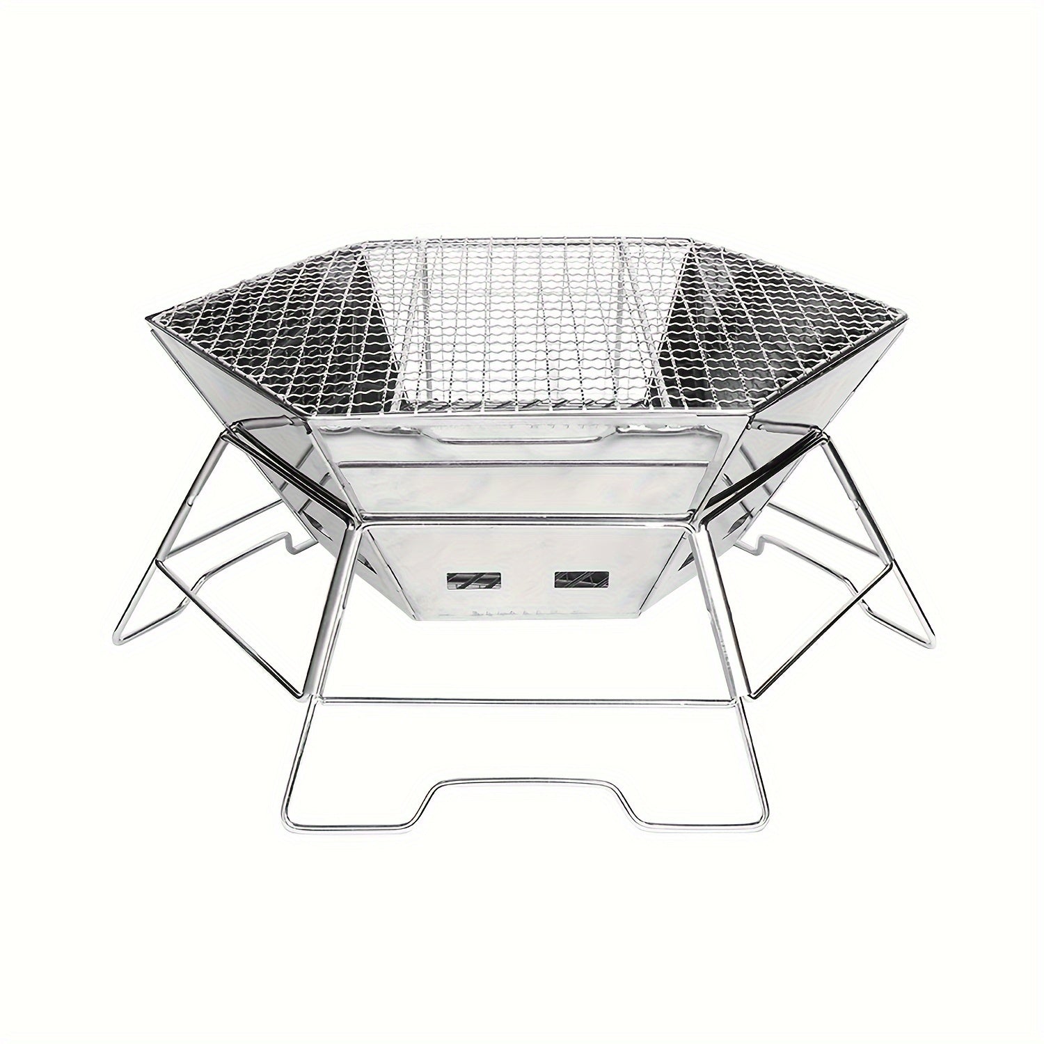Портативный гриль из нержавеющей стали для барбекю, кемпинга, пикников и приготовления на открытом воздухе. Складной шестиугольный дизайн с регулируемыми ножками и вентиляционными отверстиями.