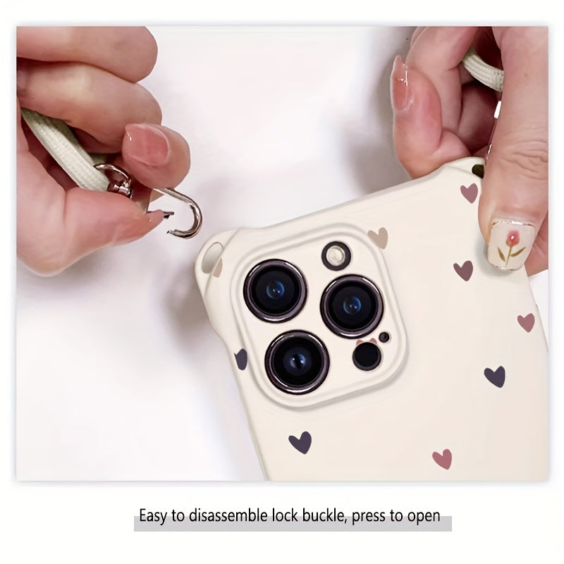 Colorful Hearts iPhone Case with Lanyard TPU Lens Protection for iPhone 11-16 Pro Max
