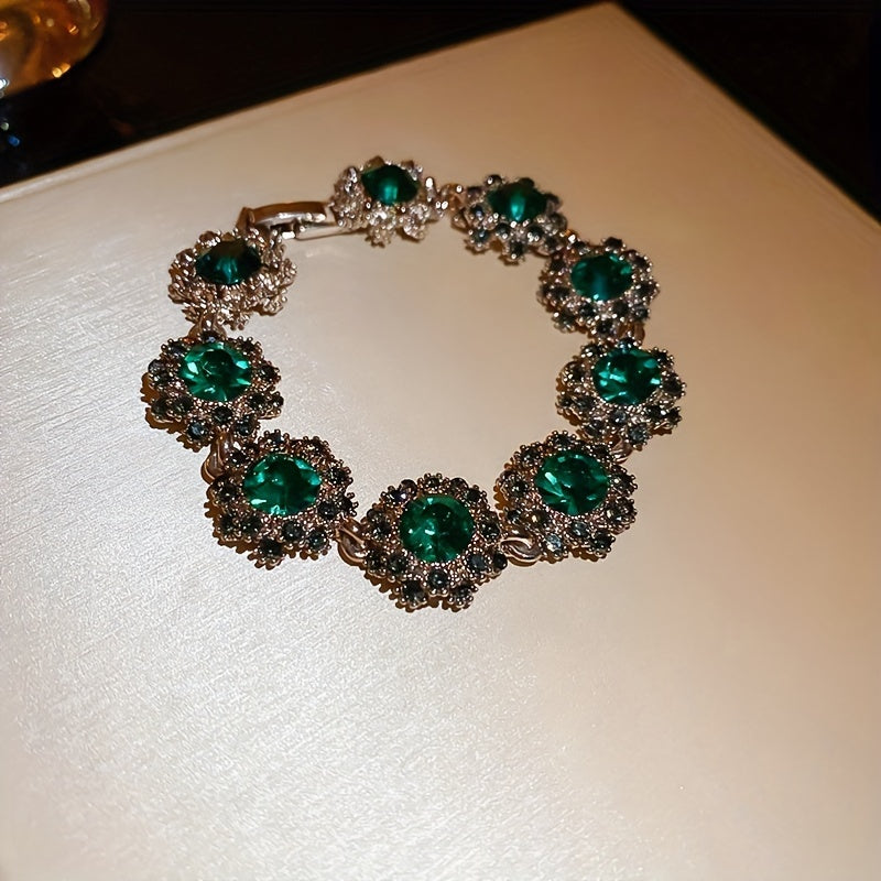 Women’s Jewelry Set with Green Rhinestones Necklace Bracelet Earrings for Special Occasions