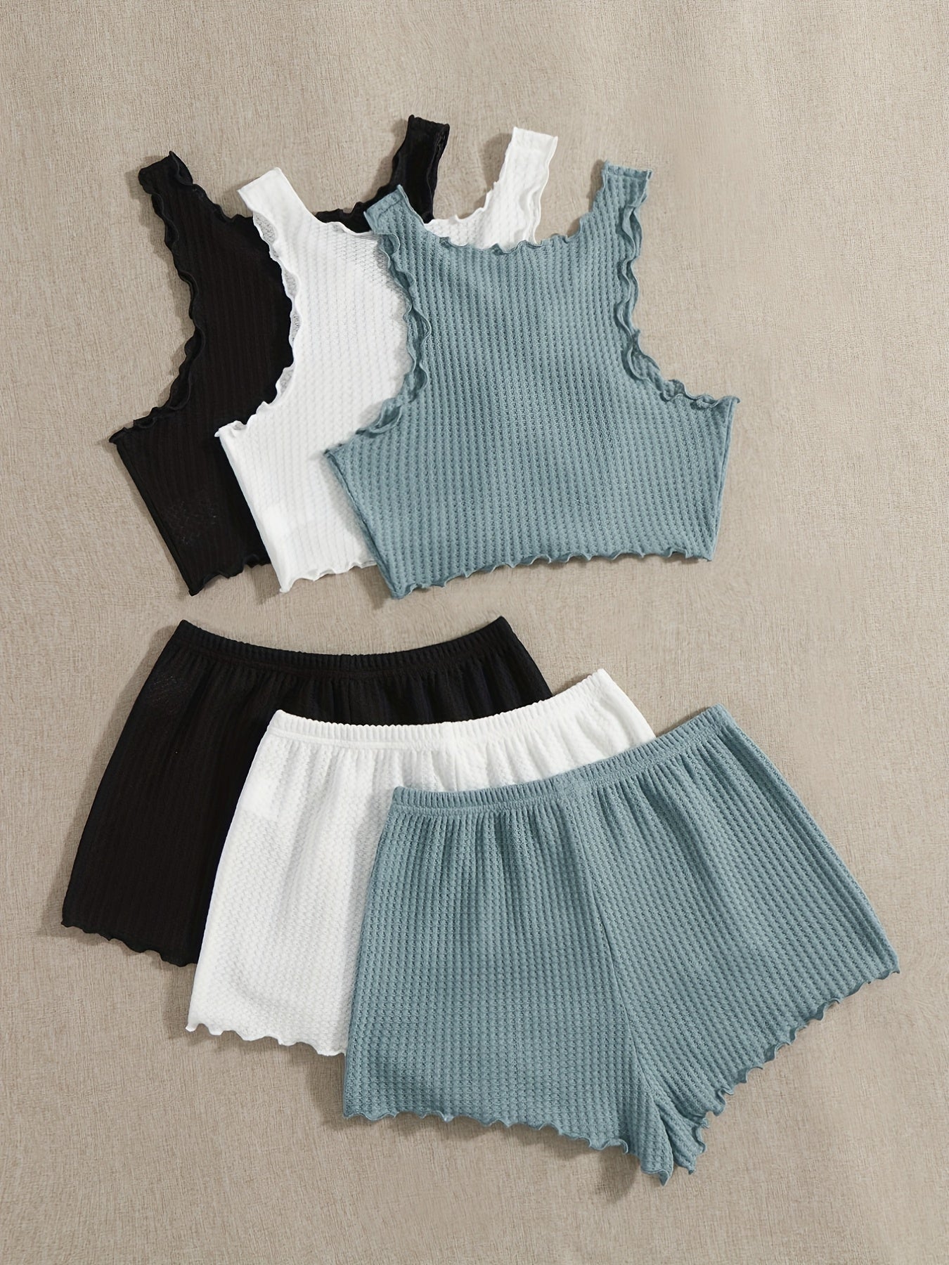 Women's Waffle Pajama Set Tank Top and Shorts Solid Color Micro Elasticity Sleepwear