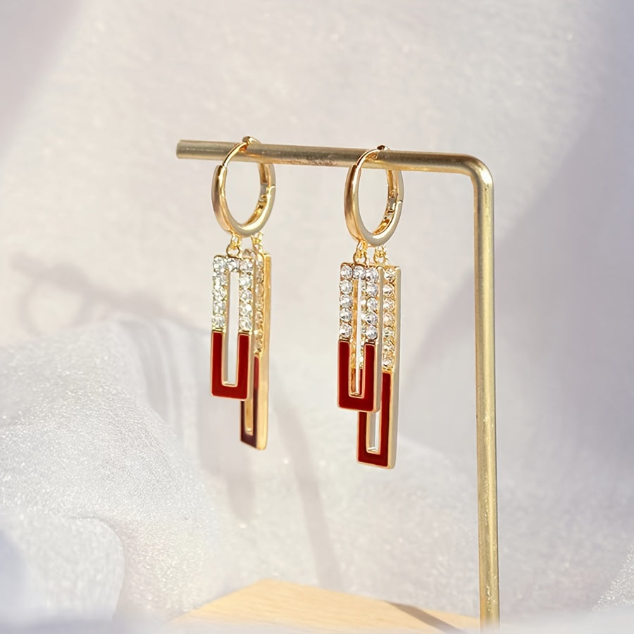 Women's Red Geometric Square Earrings with Gold-Tone Bars 2-Pack