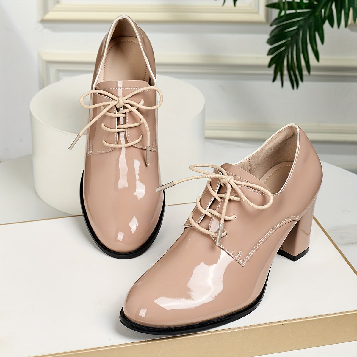 Women's Glossy Oxford Shoes Lace-Up Block Heels Formal Casual Non-Slip Rubber Sole