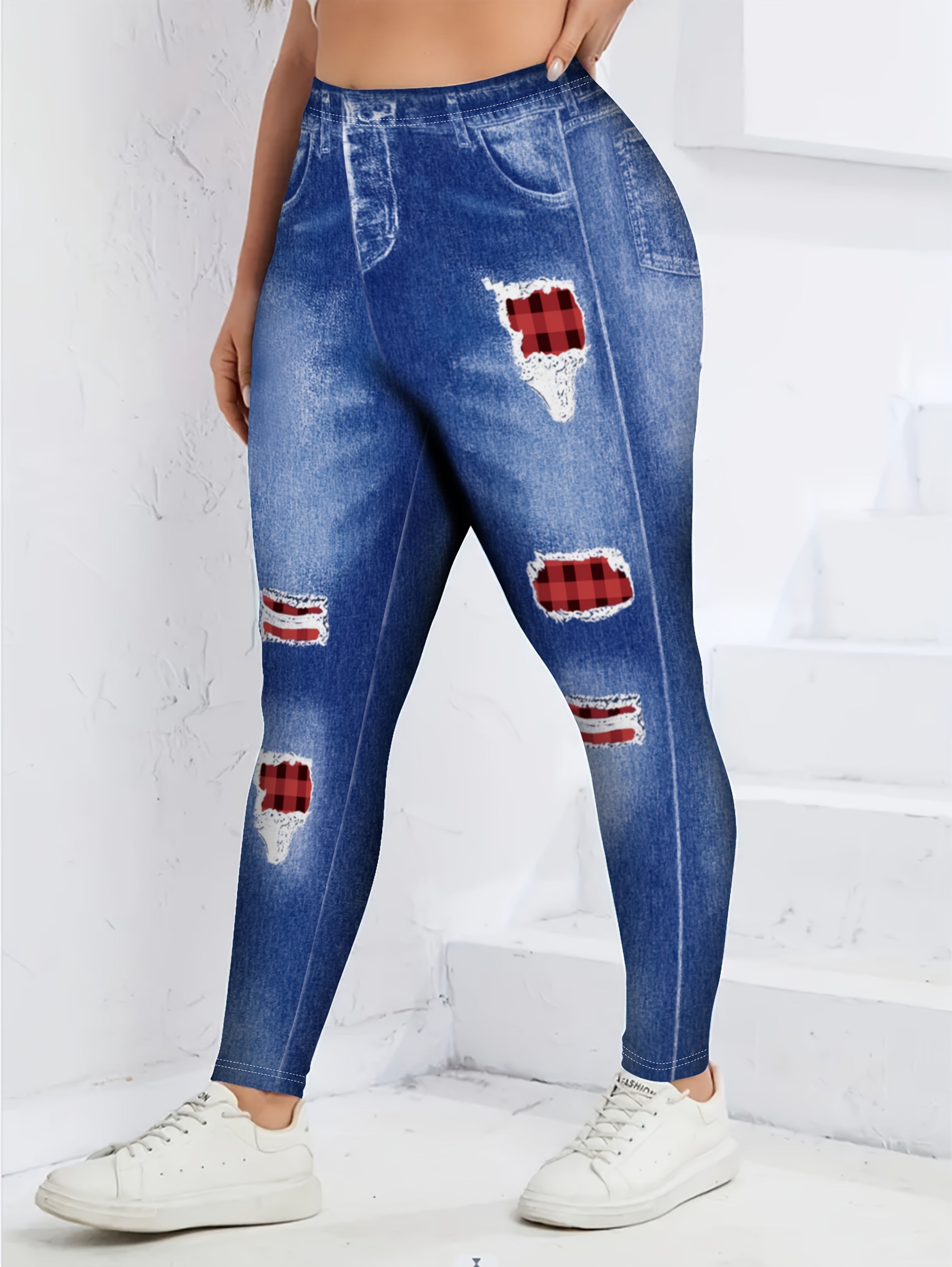 Plus-Size Digital Print Skinny Jeans Casual No Pockets Base Layer