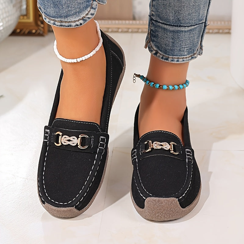 Women's Slip-On Loafers Leather Casual Flats with Metallic Buckle Black Brown Beige