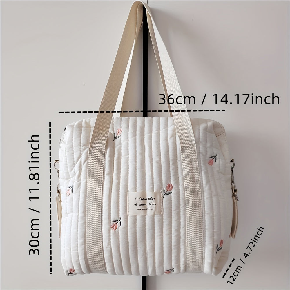 Embroidered Cotton Diaper Bag with Trolley and Hanging Features for Moms 36x30x12cm