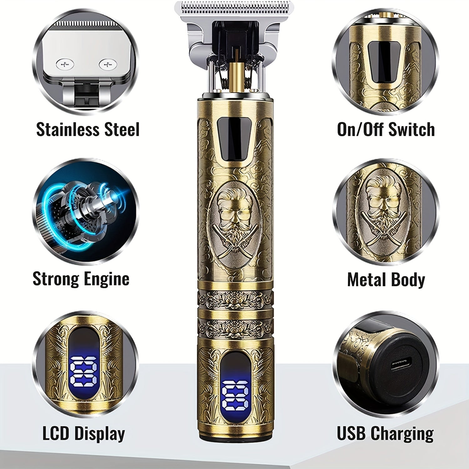 Blue Light LCD Hair Clipper with USB Charging and Mythical Beast Designs