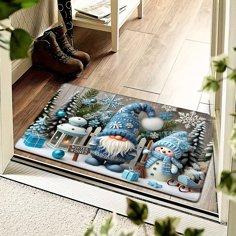Blue Flannel Christmas Gnome Door Mat Non-Slip Stain-Resistant 1.2cm Thick