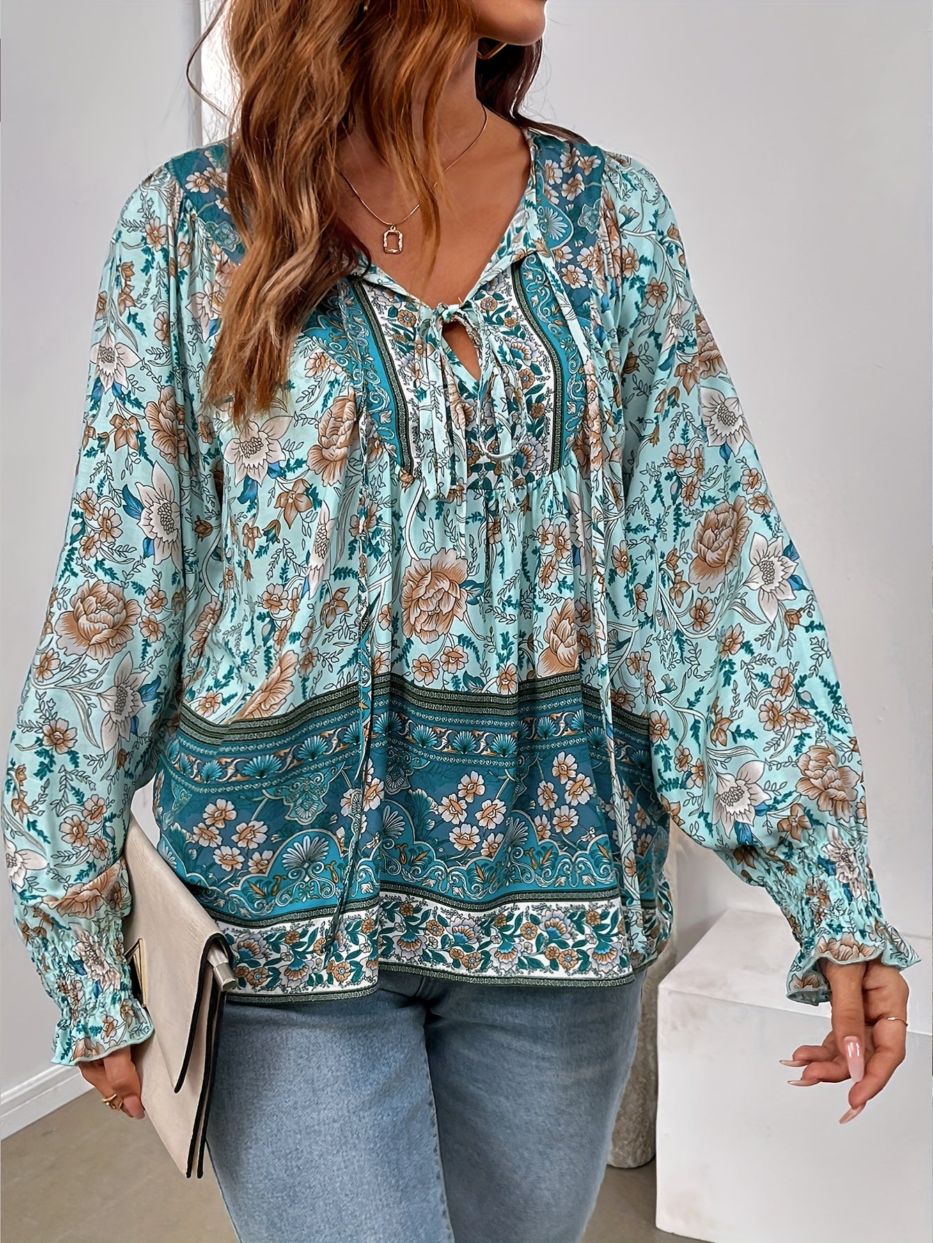 Plus Size Women's Floral Print Long Sleeve Blouse with Smocking Cuffs