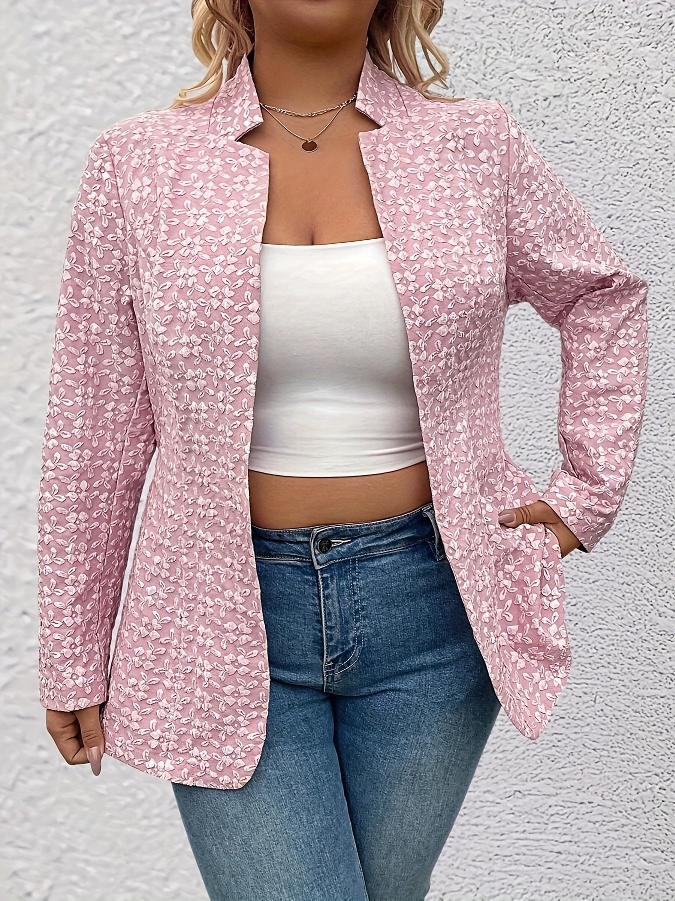 Plus Size Women's Pink Jacquard Mid-Length Blazer Long Sleeve Solid Color