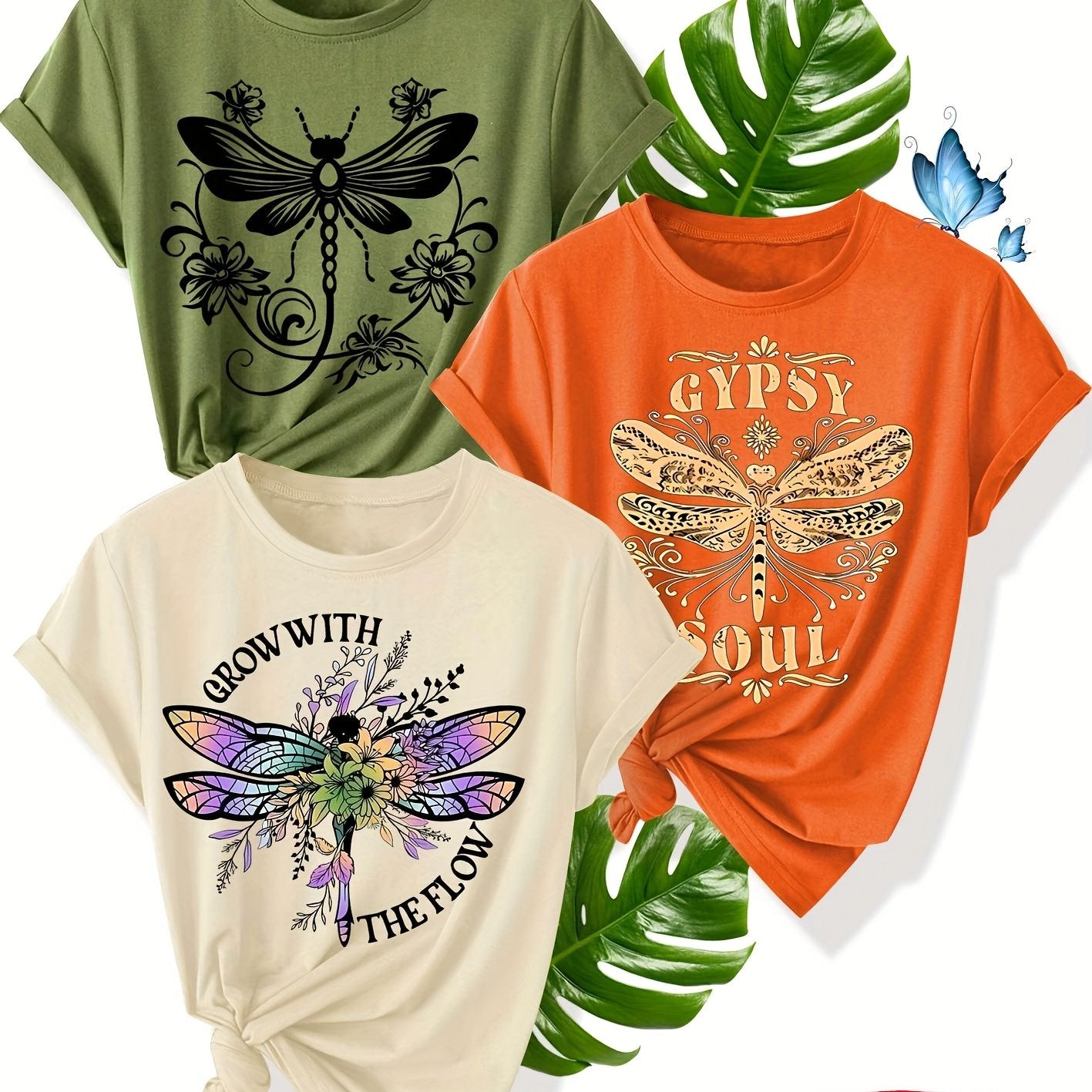 Women's Summer Casual T-Shirt With Flower Dragonfly Print Short Sleeve Multiple Colors