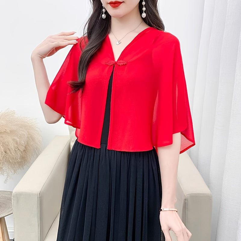 Women’s Chiffon Shawl with Frog Button Closure for Spring and Summer