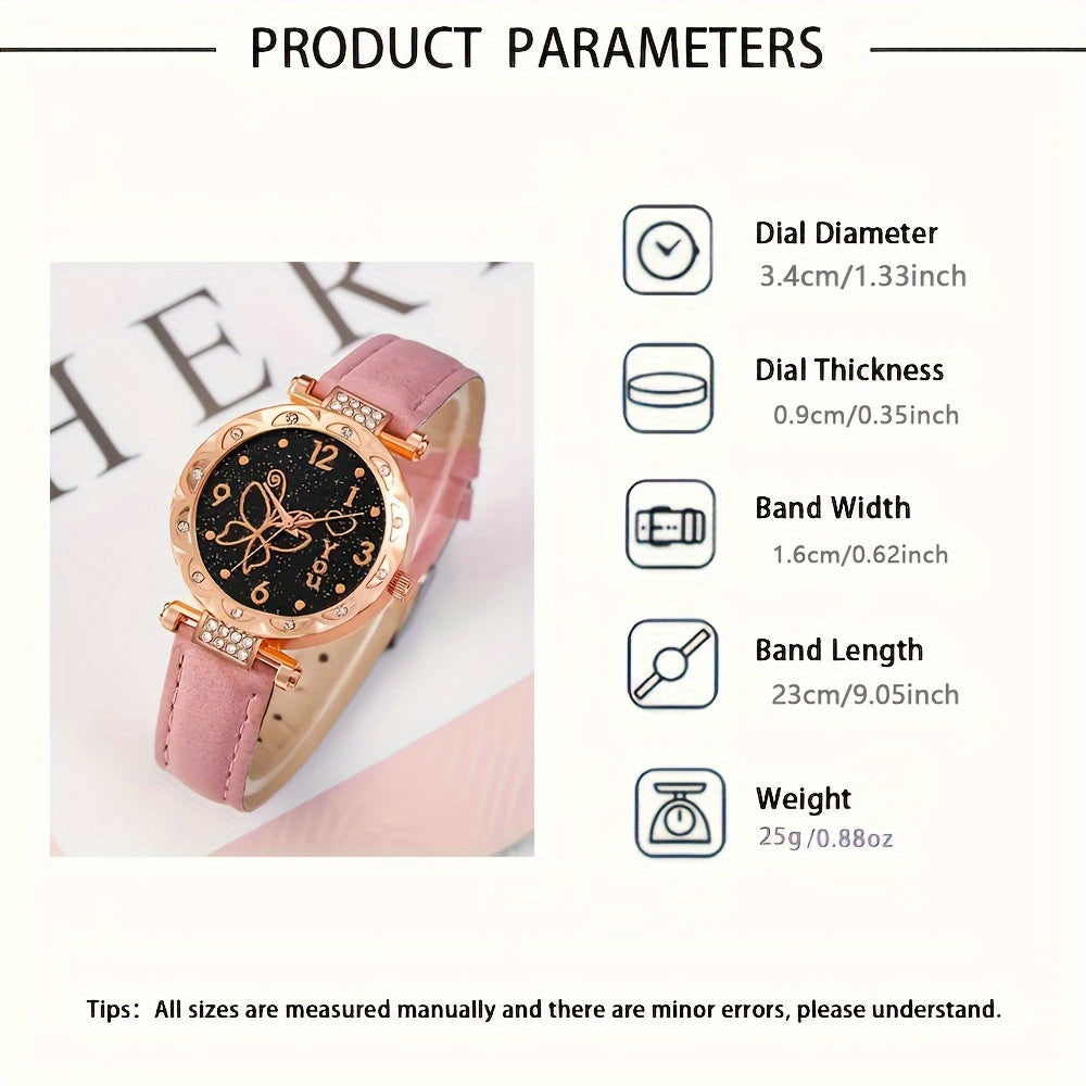 Women's Butterfly Themed Quartz Watch and Jewelry Set with 6 Pieces Zinc Alloy Case Leather Band