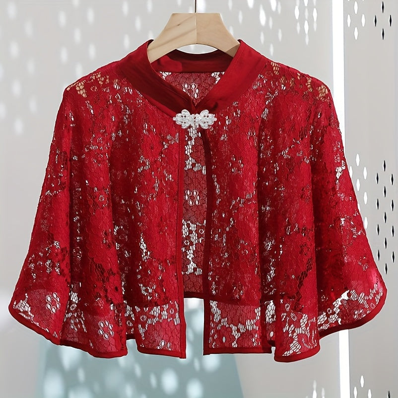 Lightweight Polyester Cape with Vintage Lace Shawl and Buckle for Evening Sun Protection
