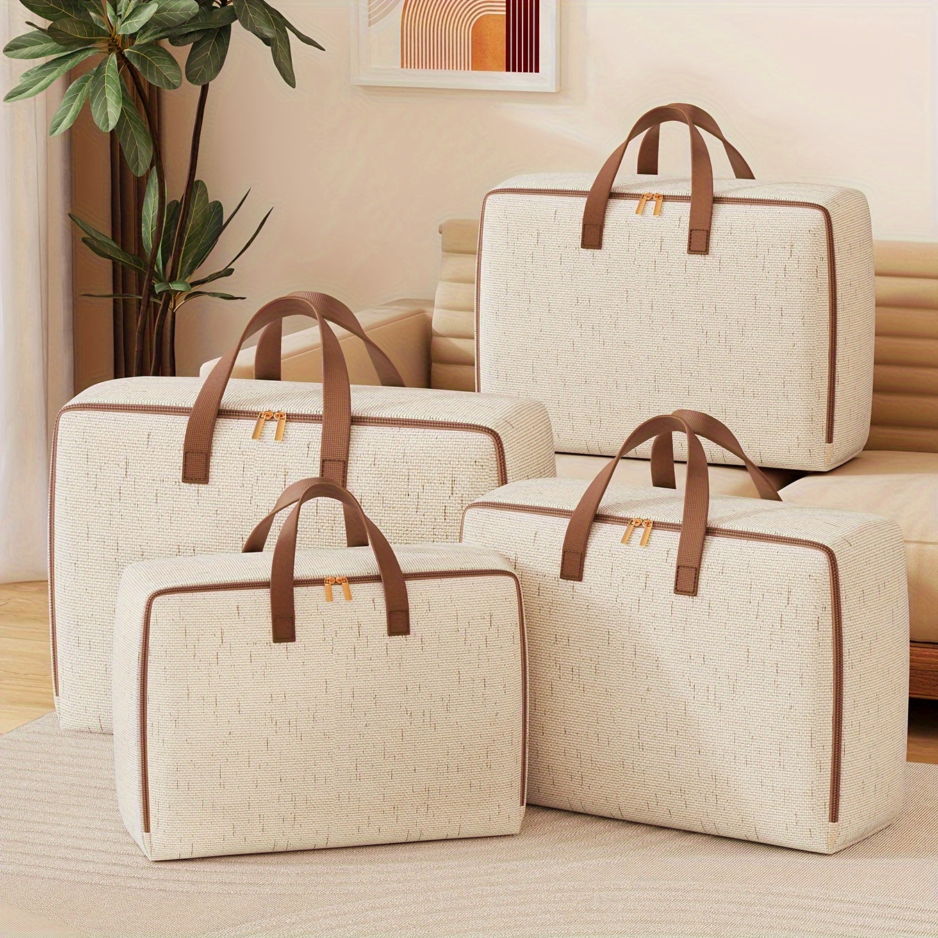Gran bolsa de almacenamiento beige con asas y cremallera para ropa de cama y almohadas