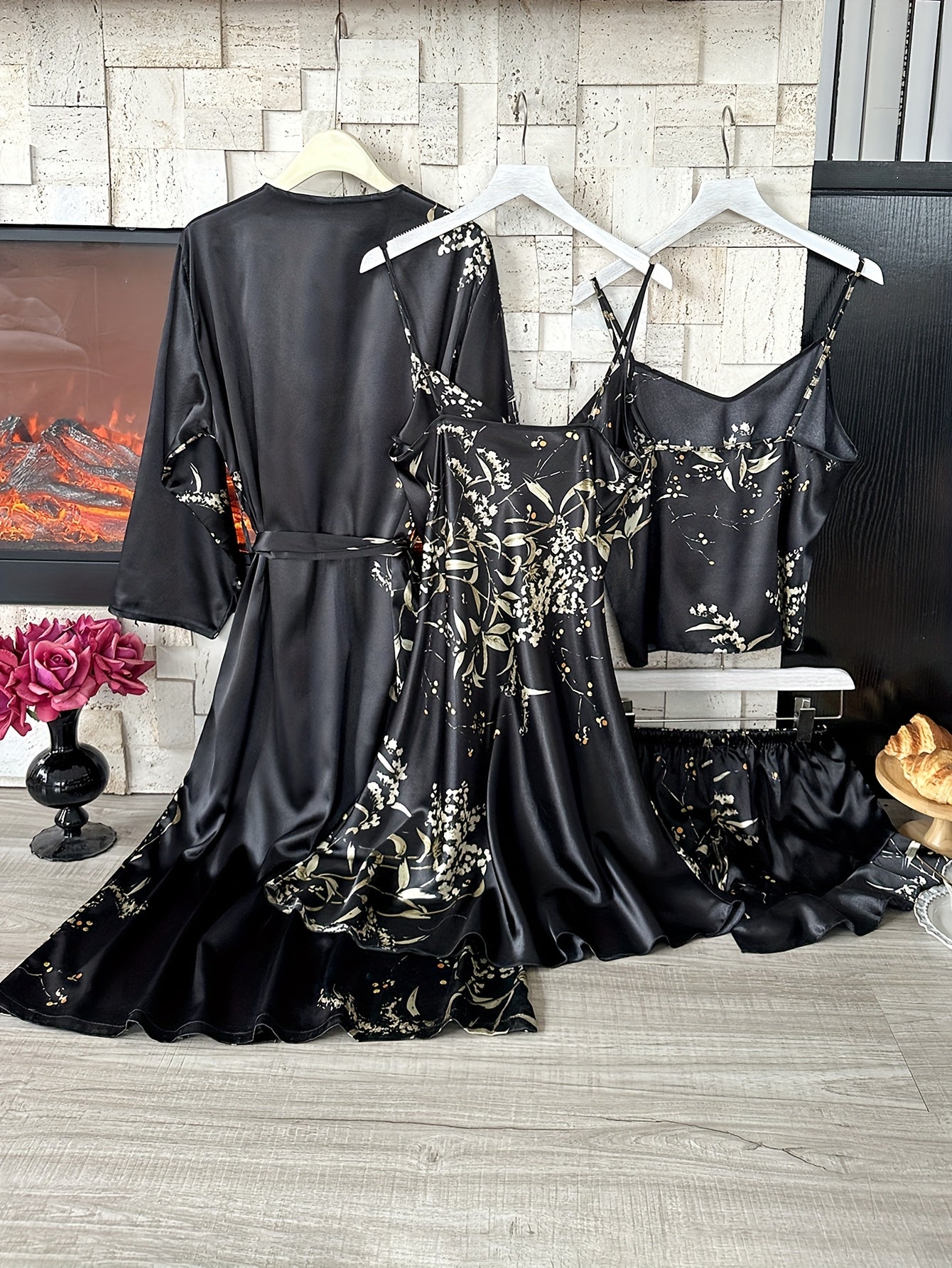 Women's Faux Cherry Print Nightgown Set with Ruffle Neckline and Shorts