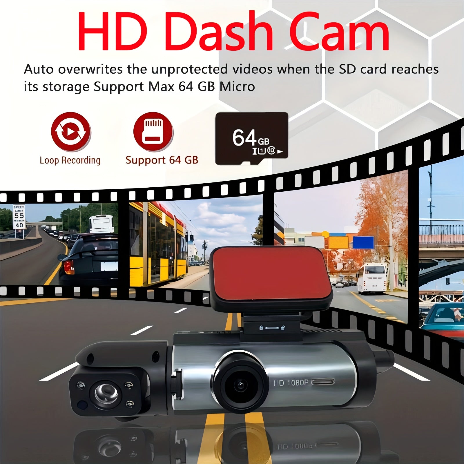 Upgraded Dual-Lens Dash Cam with 64GB Card Night Vision Loop Recording LCD Screen