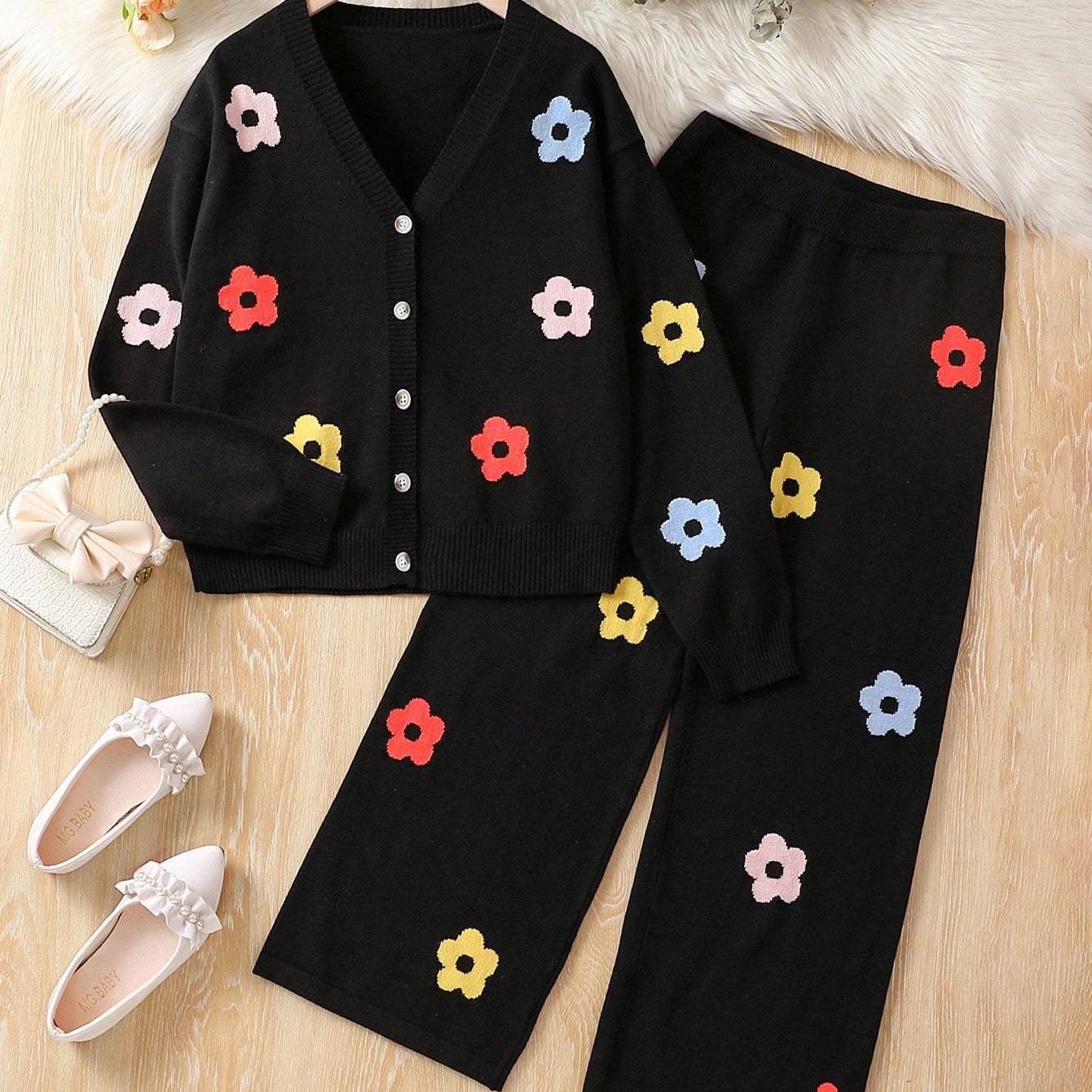 Girls Tween Floral Knit Cardigan and Pants Set Spring Fall Casual