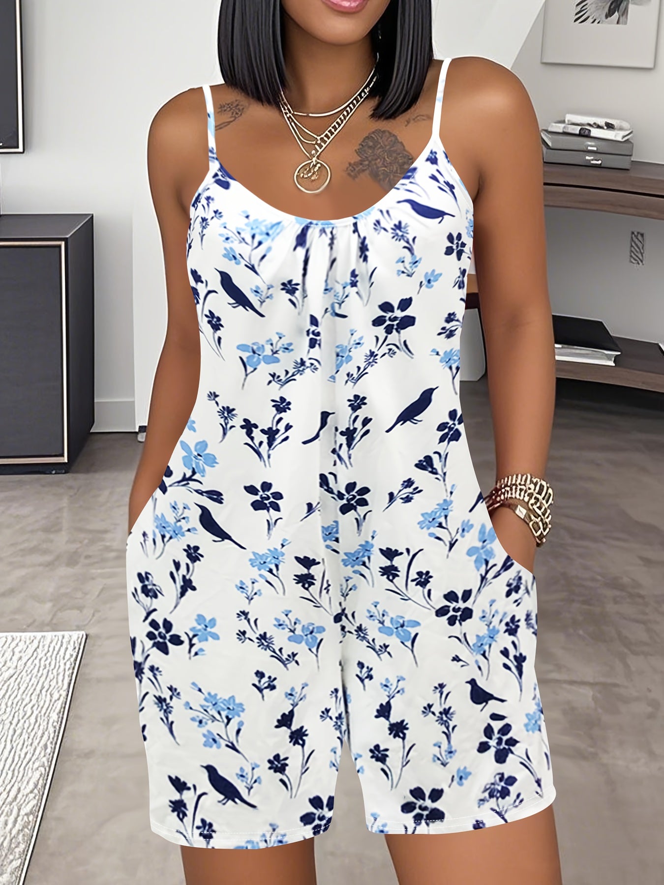 Mono sin mangas con bolsillos y estampado floral para mujer talla plus