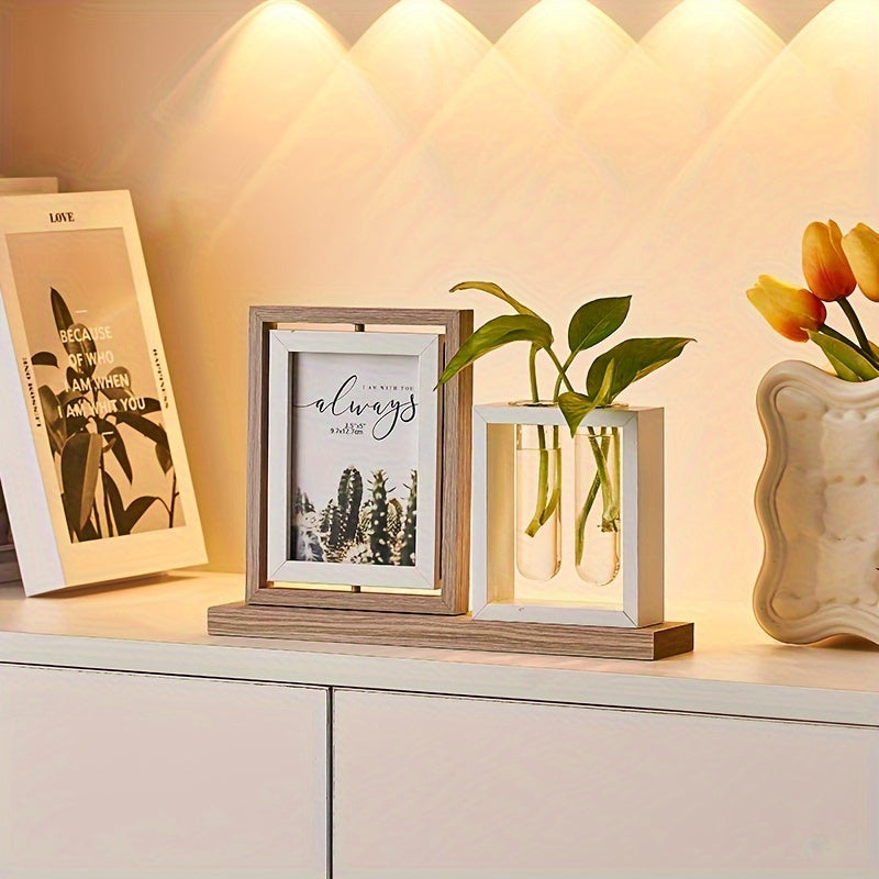 Hydroponic Plant Photo Frame with Glass Vase Wooden Desktop Decor for Living Room Study or TV Cabinet