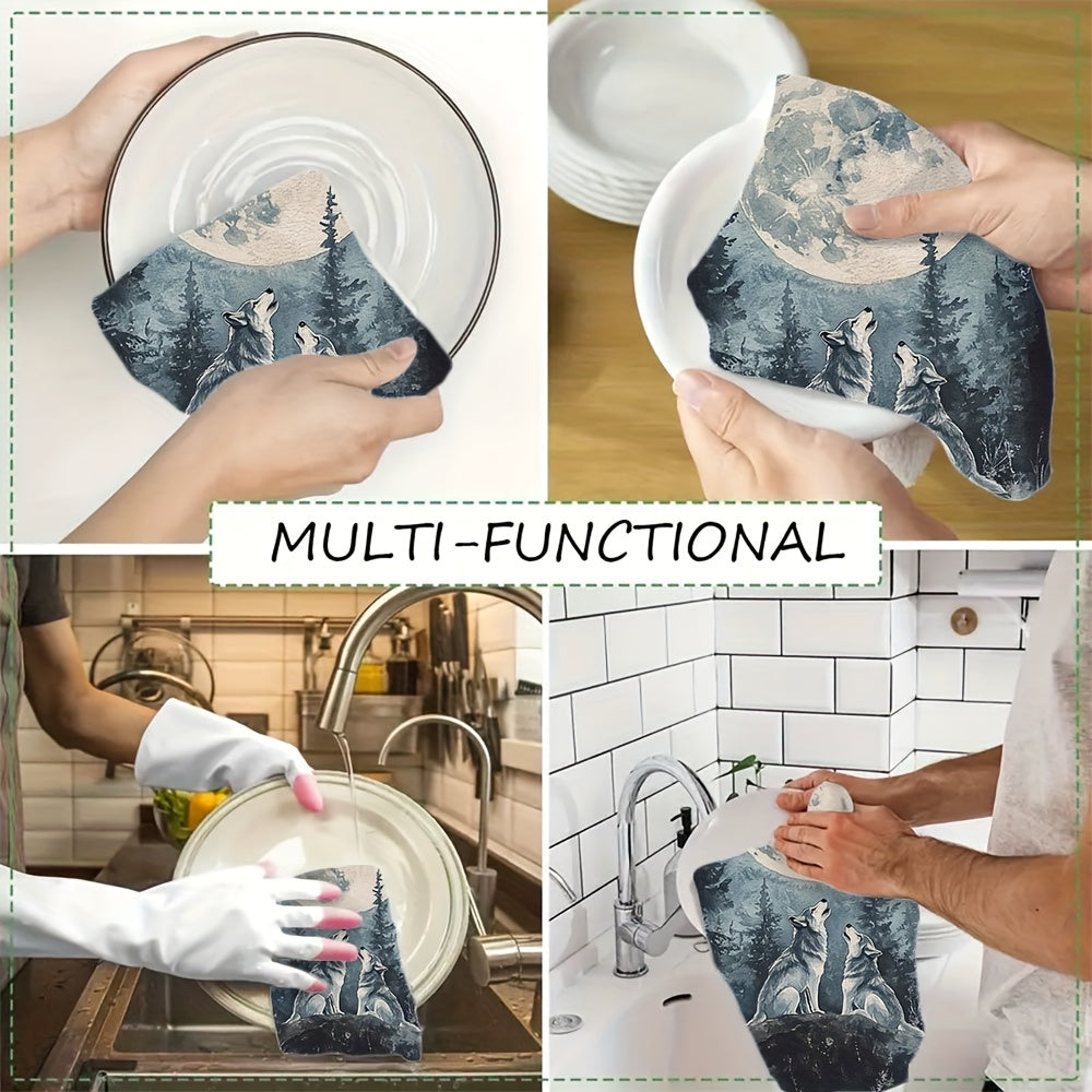 2pcs Ultra Soft Kitchen Towels Wolf Howling Full Moon Watercolor 40x60 Inches