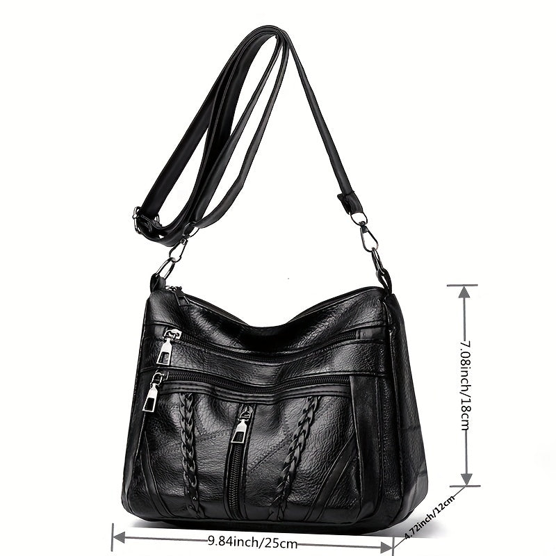Women's Black Geometric Pattern PU Messenger Bag with Foldable Design and Zipper Closure