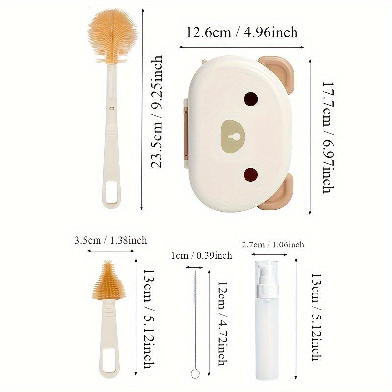 Cartoon Animal Silicone Bottle Brush Set with Storage Box and Draining Rack