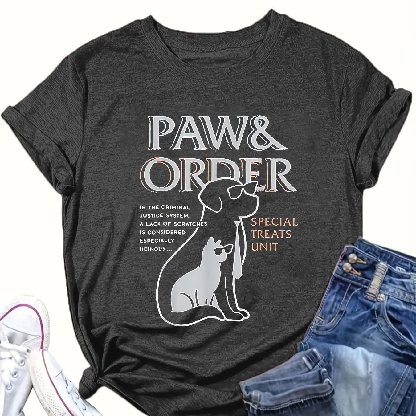 Women's Plus Size Casual T-Shirt with Paw Print Crew Neck All-Season