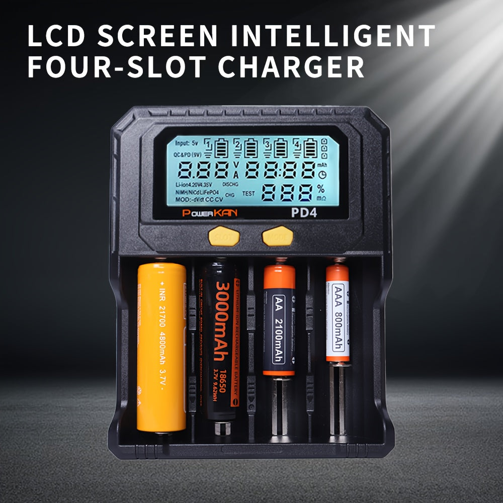 4-Slot USB Rechargeable Battery Charger with LCD Screen and Intelligent PD Charging for 18650 LiFePO4 Ni-MH Ni-CD Batteries