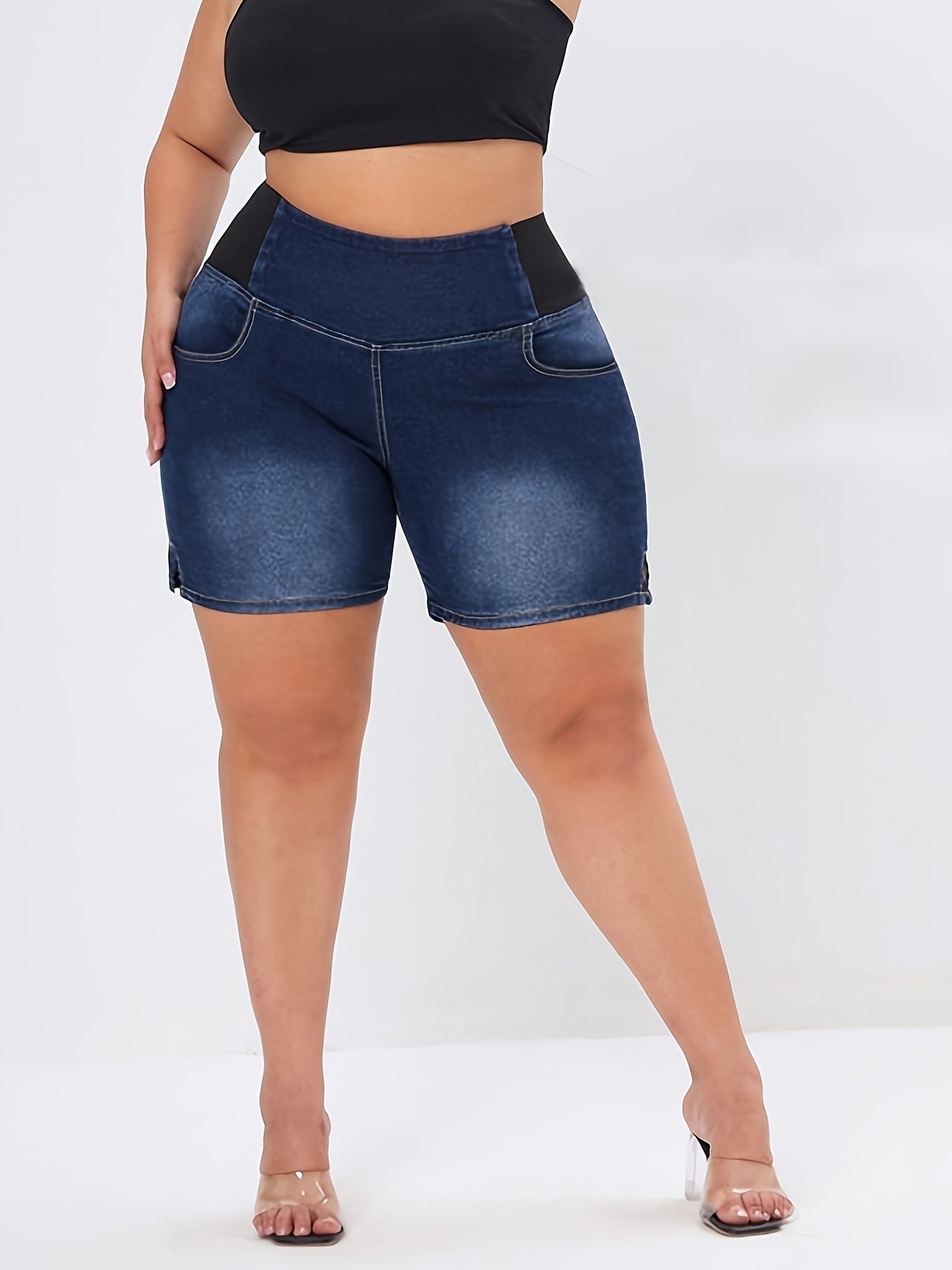Plus Size Women's High-Waisted Stretch Denim Shorts Mid-Rise Casual Bike Pants