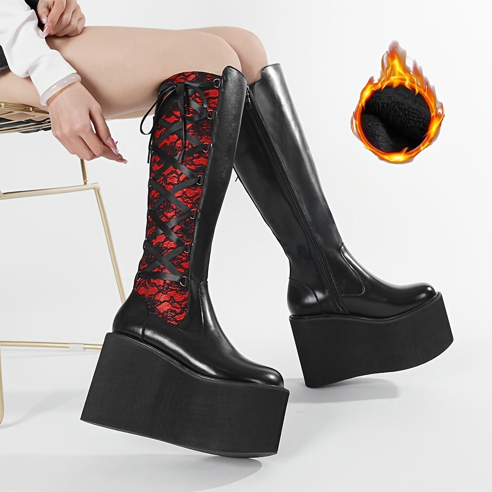 Women's Faux Leather Floral Lace-Up Knee-High Winter Boots Black Red Wedge