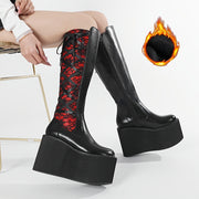 Women's Faux Leather Floral Lace-Up Knee-High Winter Boots Black Red Wedge