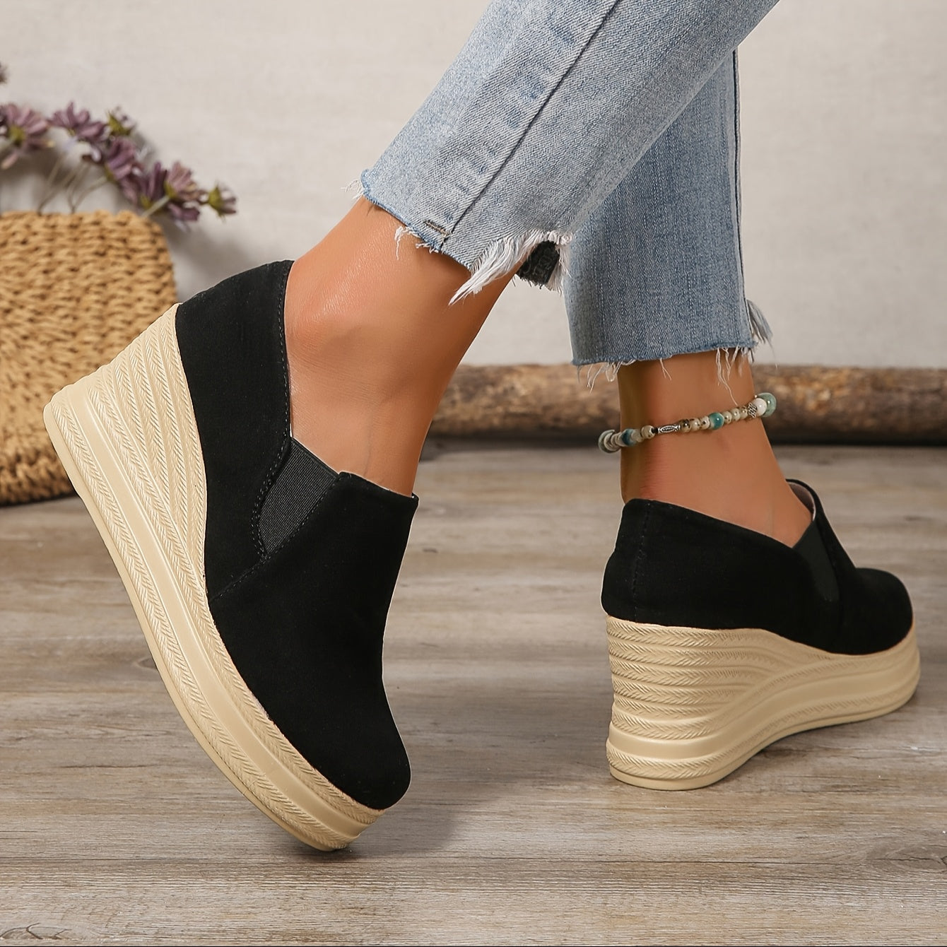Women's Wedge Sneakers Platform High Heels Slip-On Fabric Sole All-Season