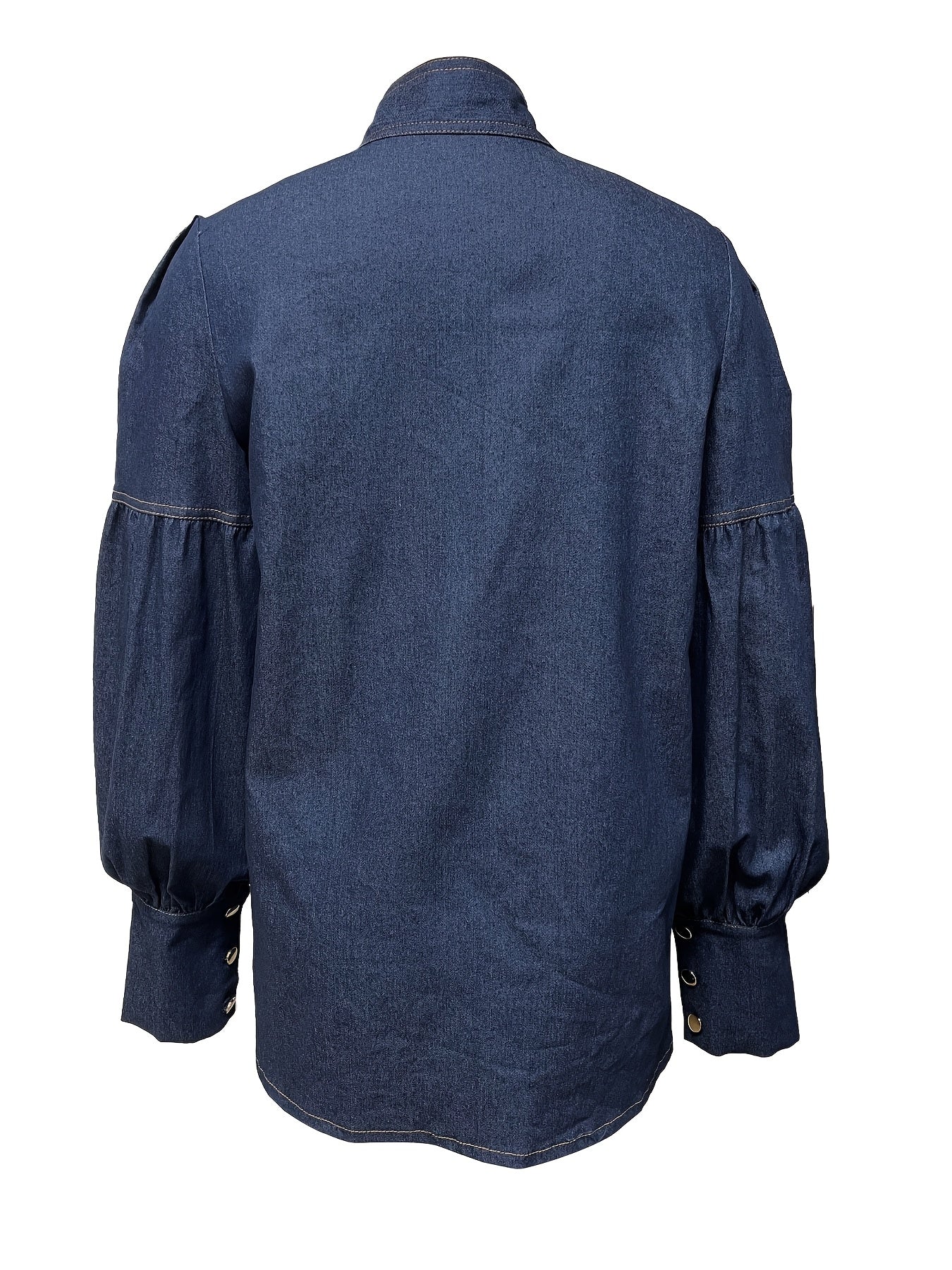 Ayollar uchun denim bluzka, qora ko'k paxta spandeks bilan bow tie lantern qo'llari bilan