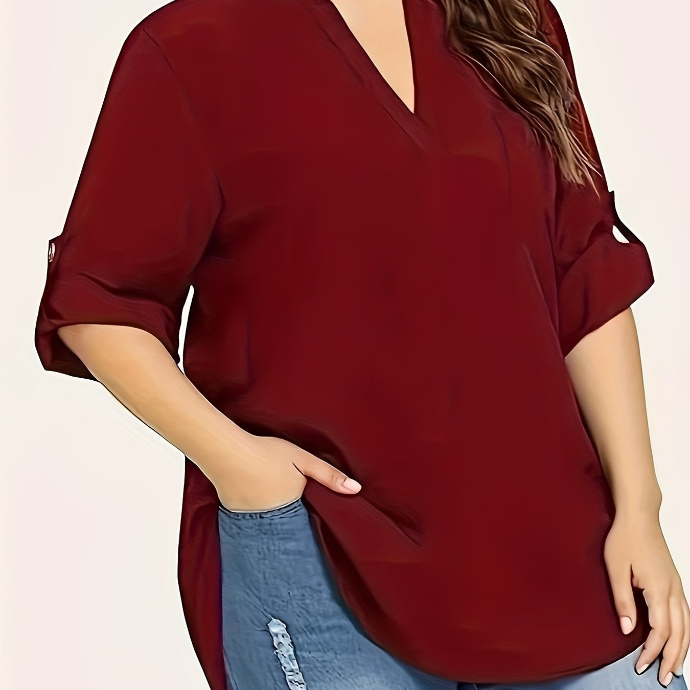 Plus Size V-Neck Long Sleeve Blouse for Spring and Fall Solid Polyester