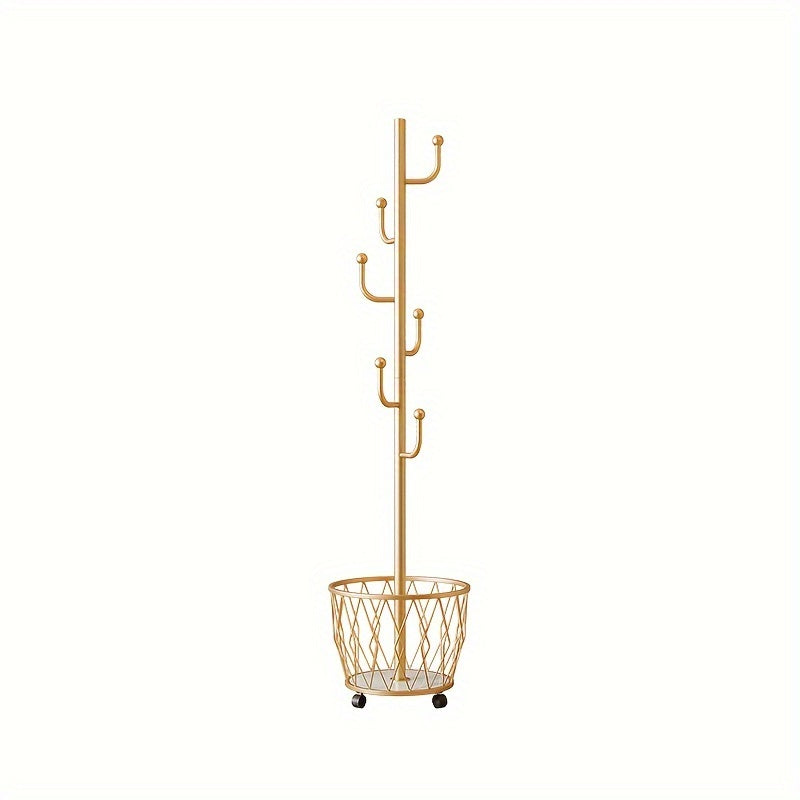 Golden Metal Freestanding Coat Rack with Umbrella Holder and 6 Shelves for Entryway and Living Room