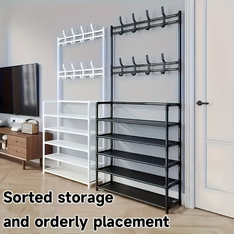 5-Tier Metal Shoe Rack with Hooks and Hollow Design for Entryway Organization