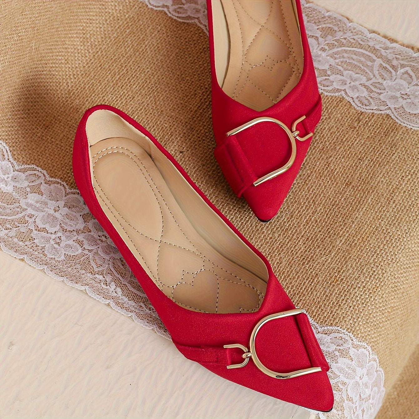 Women's Red Slip-On Flats with Pointed Toe and Buckle