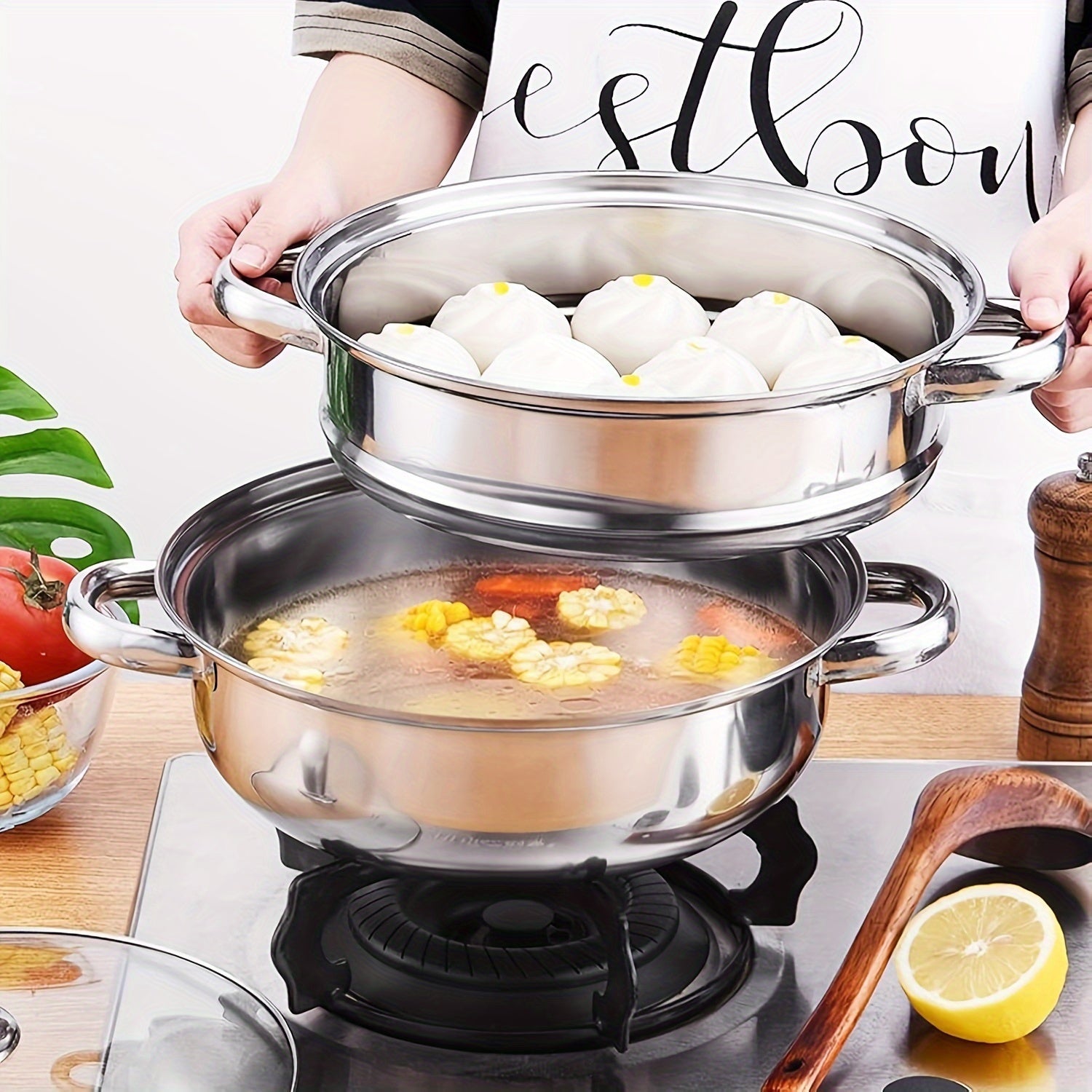 Stainless Steel 2-Tier Steamer Pot with Lid for Vegetables Dumplings Stocks
