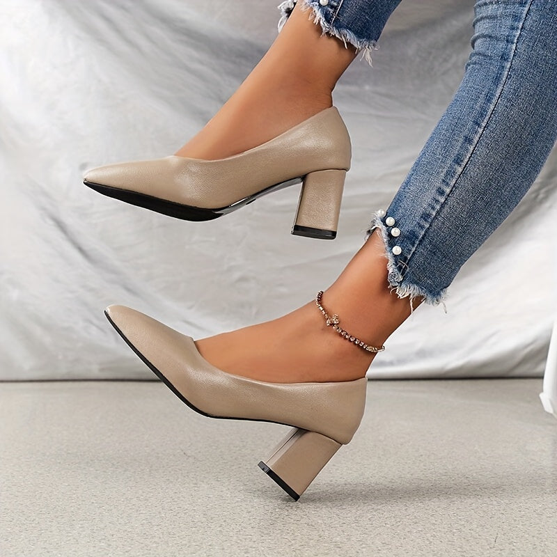 Women's Solid Color Pointed Toe Dress Pumps with Block Heel for Fall
