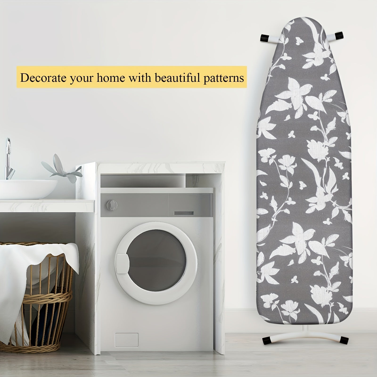 Floral Ironing Board Cover 1pc, Gray and White, Durable 400gsm Felt, Adjustable