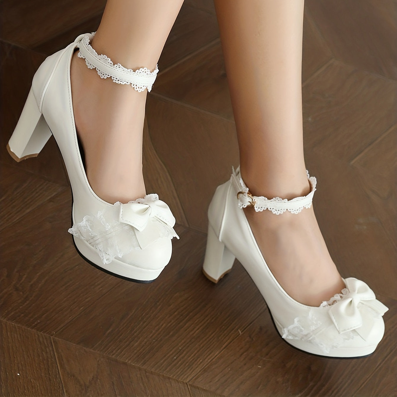 Women's White Lace Mary Jane Heels with Bow, Chunky Block Heel