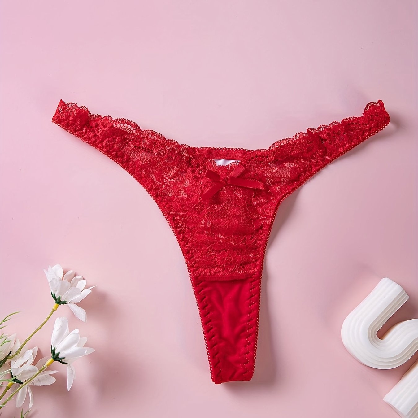 Red Lace Thong Panties with Floral Print and Bow Detail Low Rise V-Shaped Design Breathable Polyester Blend