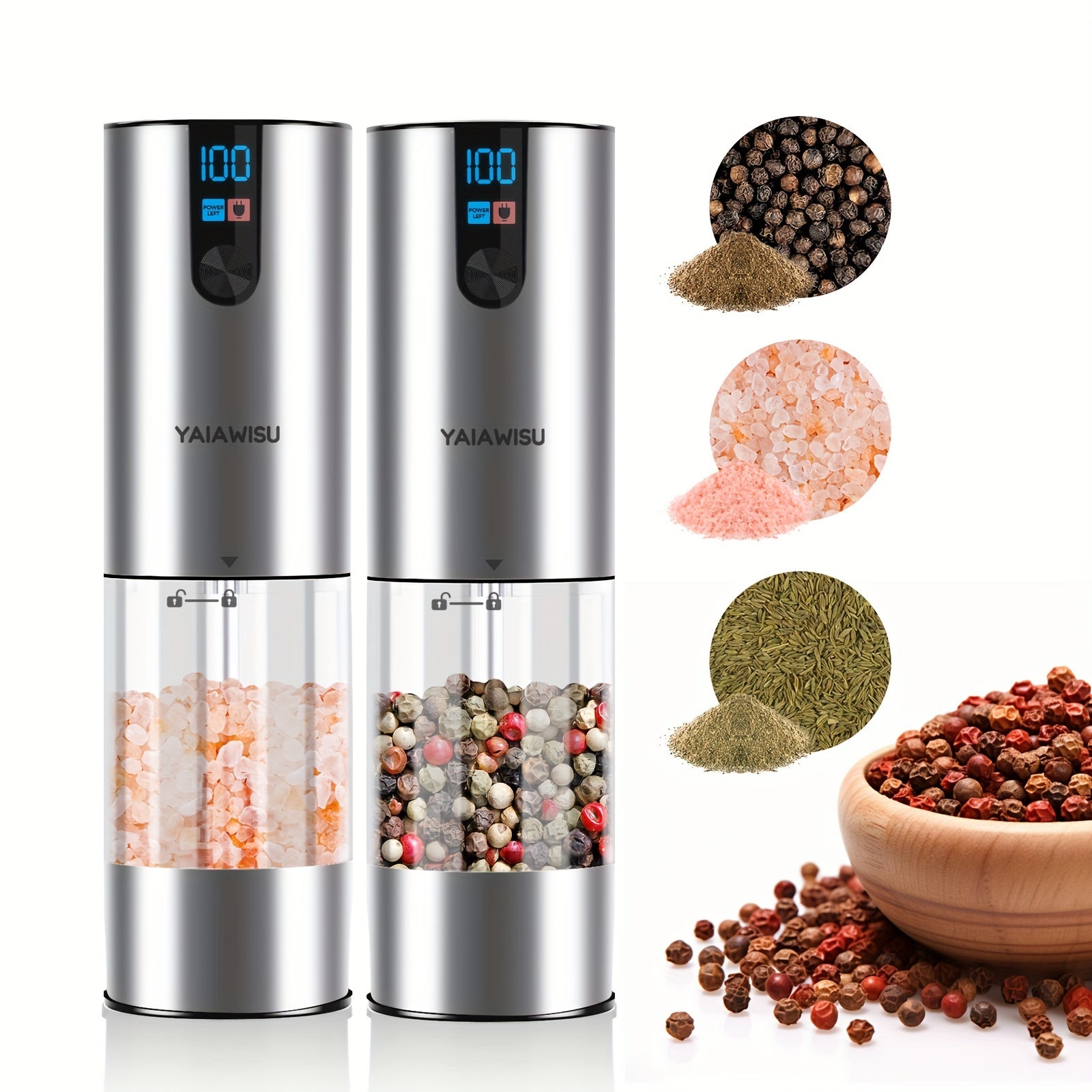 Juego de 2 piezas de molinillos de especias eléctricos con pantalla LCD, recargables por USB, de molienda gruesa/fina, para cocina, restaurante y barbacoa
