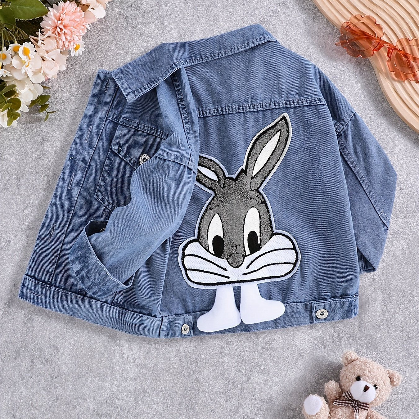 Girls Embroidered Denim Jacket with Rabbit Design Long Sleeve Fall Winter Casual