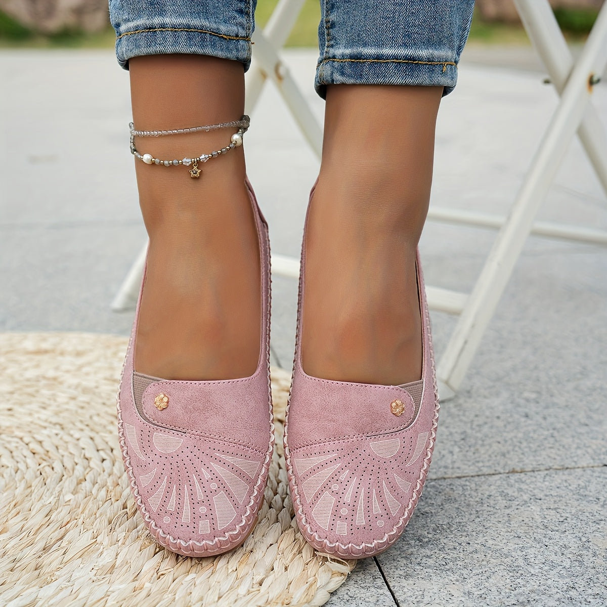 Ayollar uchun vintage gul naqshli lenta bilan yopiladigan kundalik qulay barcha mavsum poyabzali