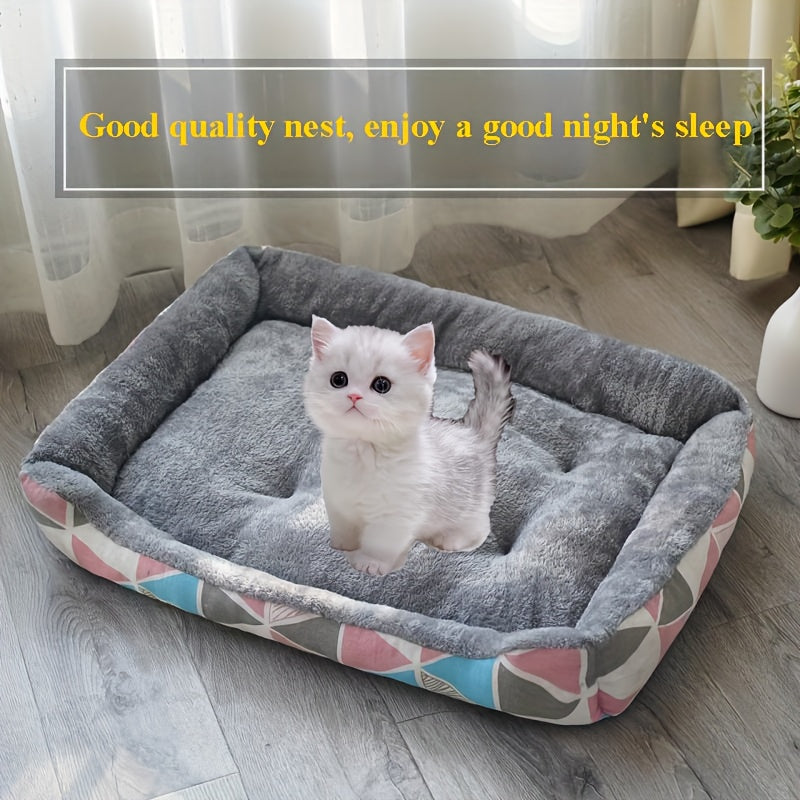 Rectangle Pet Bed for Small Dogs Blue Cartoon Design Soft Polyester Fiber Fill