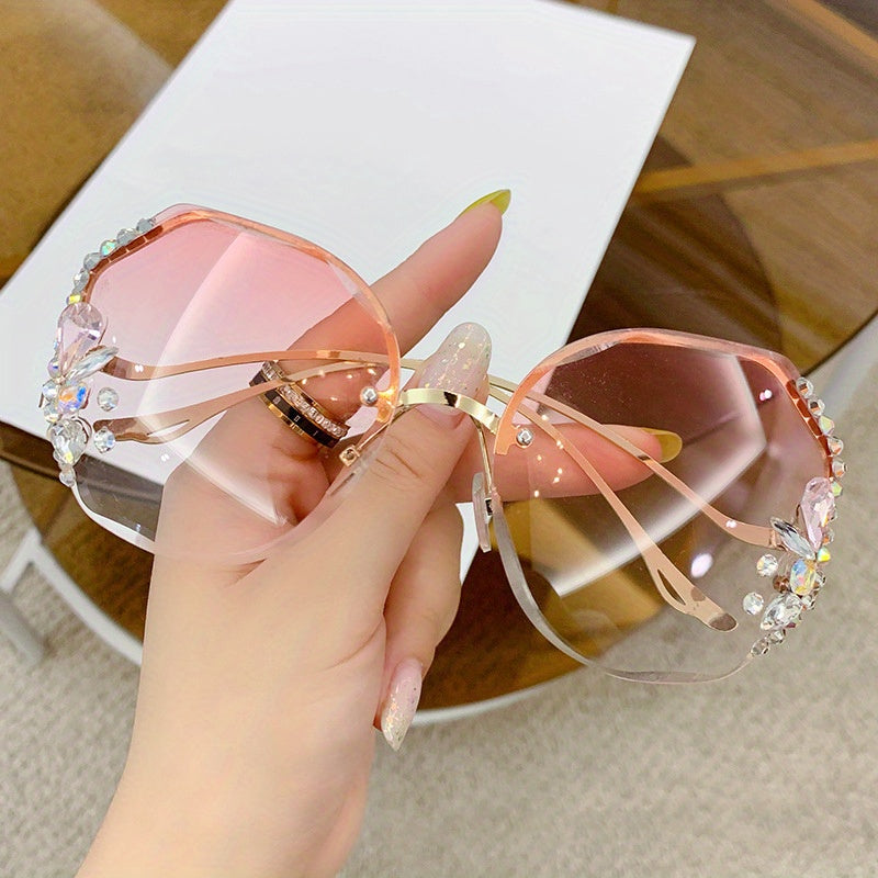 Women's Rimless Sunglasses with Rhinestones, Round Gradient Lens for Summer Beach Travel
