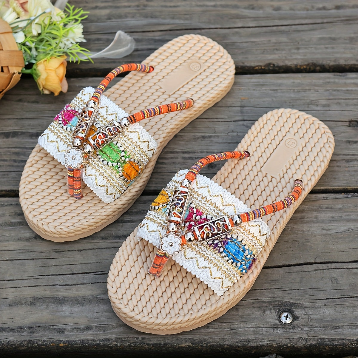 Women Boho Summer Slide Sandals Non-Slip Flat Open Toe Beaded Strappy